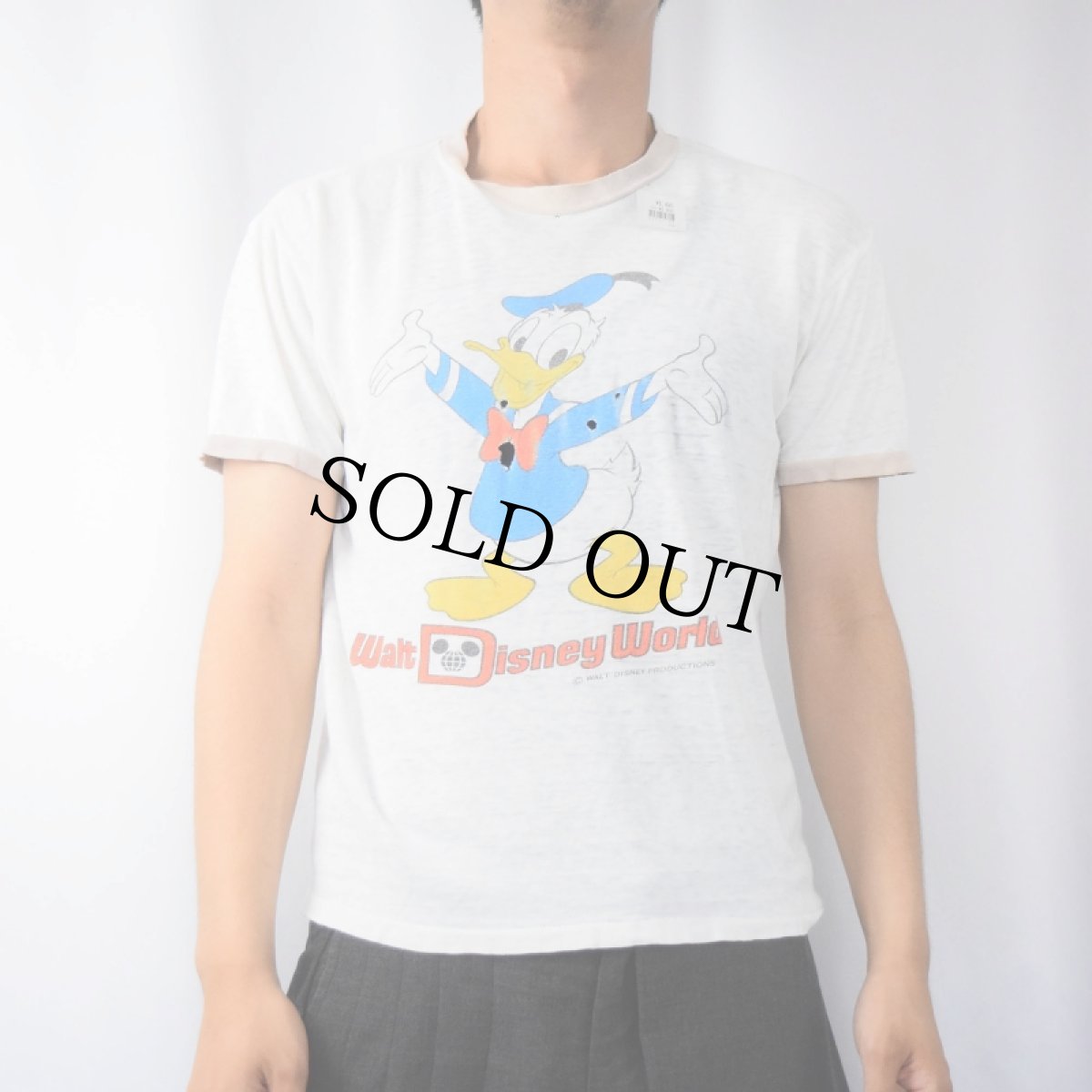 画像2: 70's WALT DISNEY ドナルドダック 染み込みプリント リンガーTシャツ S (2)