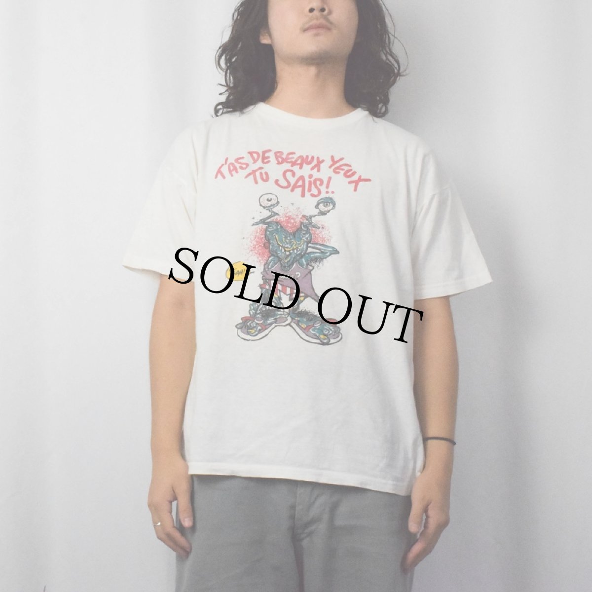 画像2: EURO 80〜90's "T'AS DE BEAUX YEUX TU SAIS!" イラストプリントTシャツ XXL (2)