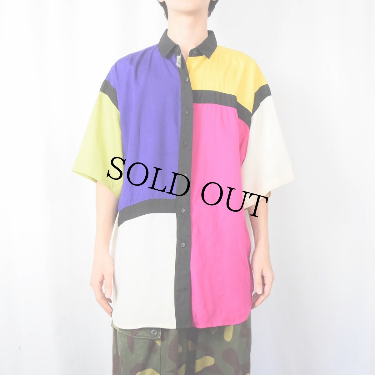 画像2: THE LIMITED モンドリアンパターン パネル切り替え レーヨンシャツ L (2)