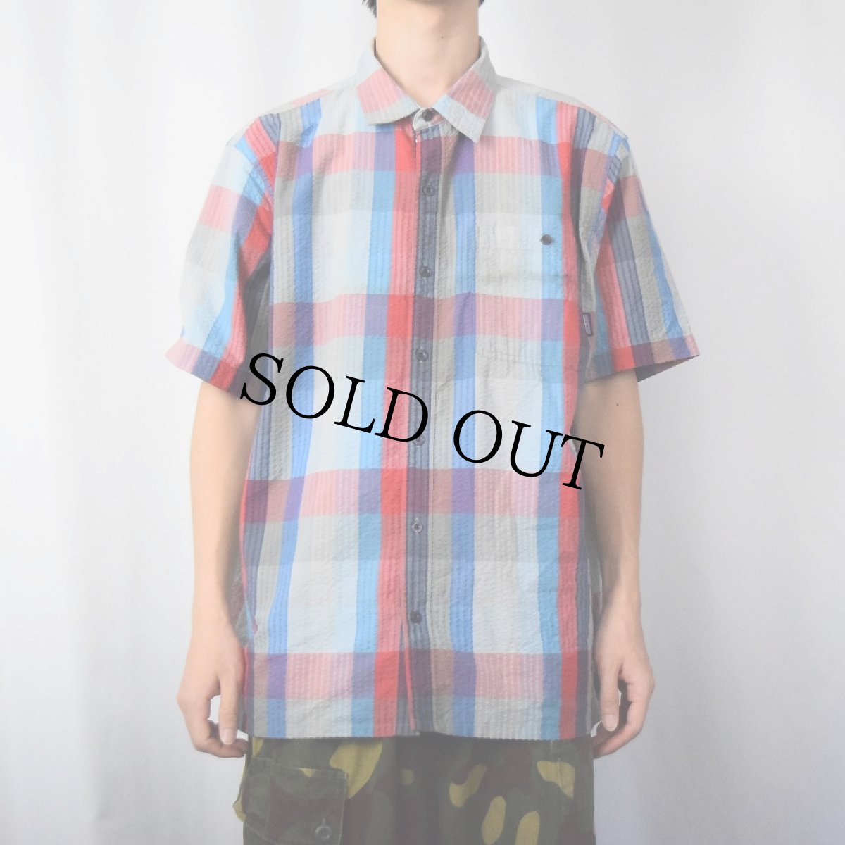 画像2: Patagonia チェック柄 ポリエステル×オーガニックコットン シアサッカーシャツ L (2)