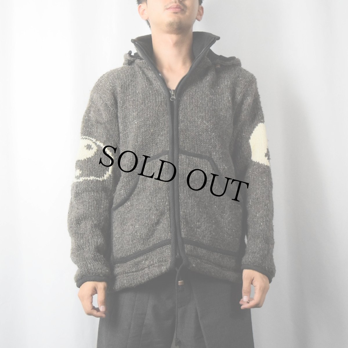 画像3: NAPAL製 陰陽柄 裏フリース ウールニットジャケット M (3)