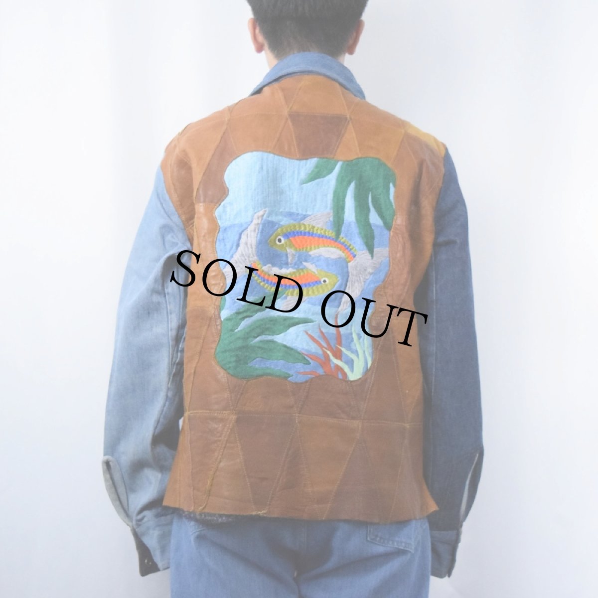 画像4: 70's Antonio Guiseppe USA製 レザーパッチワーク×刺繍 デニムシャツ 3XL (4)