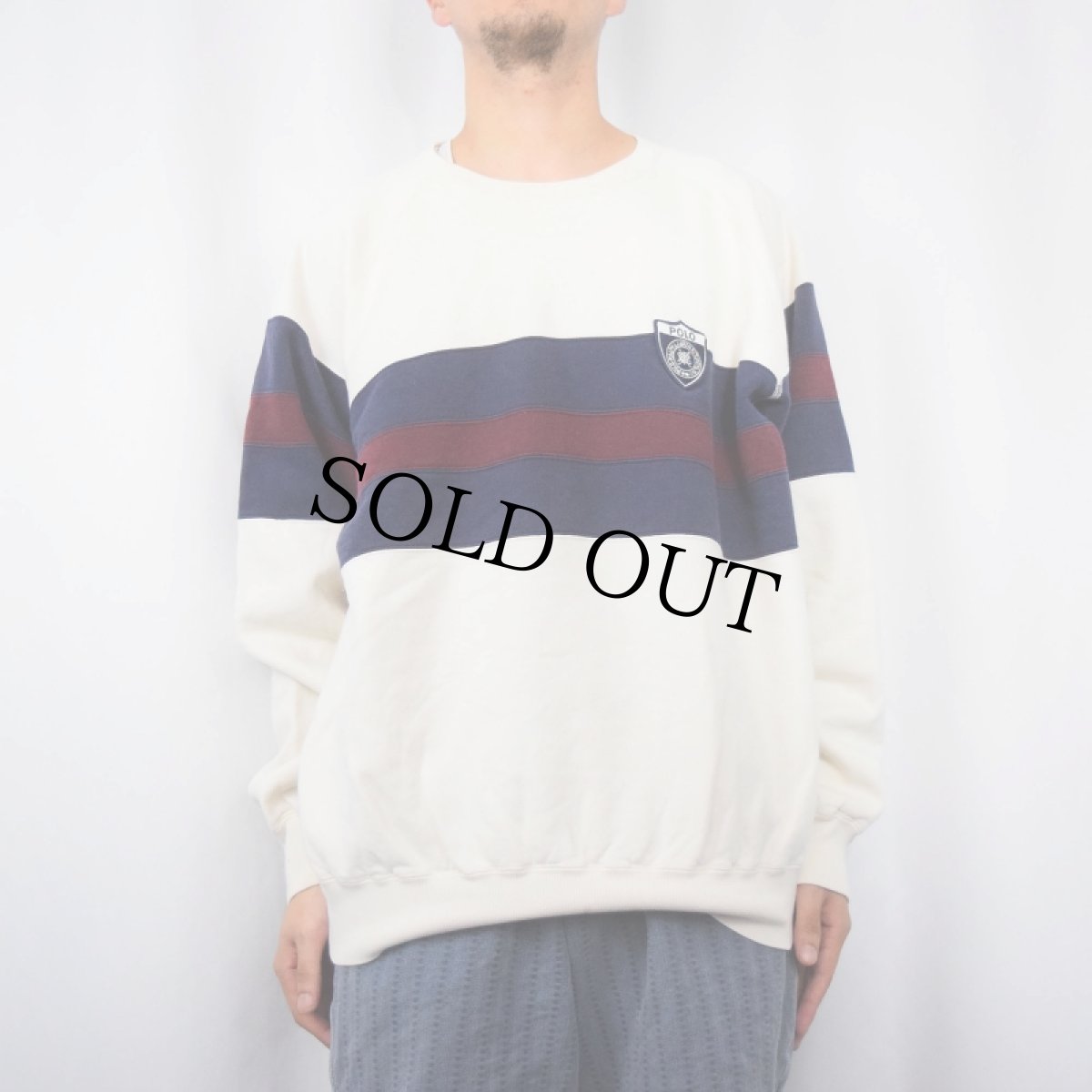 画像2: 90's POLO Ralph Lauren ポリスバッジ ボーダー柄スウェット XL (2)