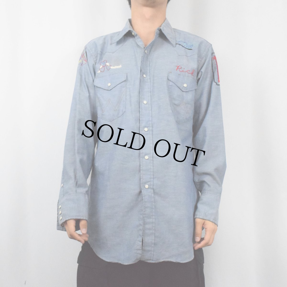画像3: 70's Wrangler USA製 ハンド刺繍 シャンブレーウエスタンシャツ 16-34 (3)