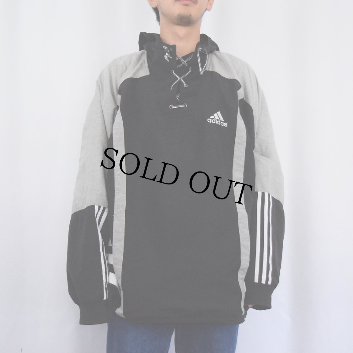 画像3: adidas ロゴ刺繍 レースアップ プルオーバージャケット BLACK L (3)