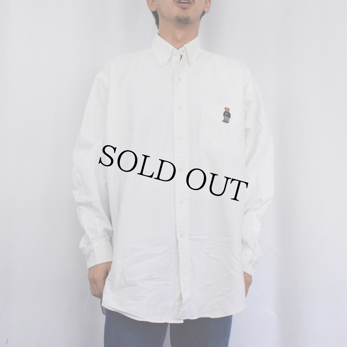 画像2: Ralph Lauren "BIG SHIRT" ポロベア刺繍 コットンボタンダウンシャツ M (2)