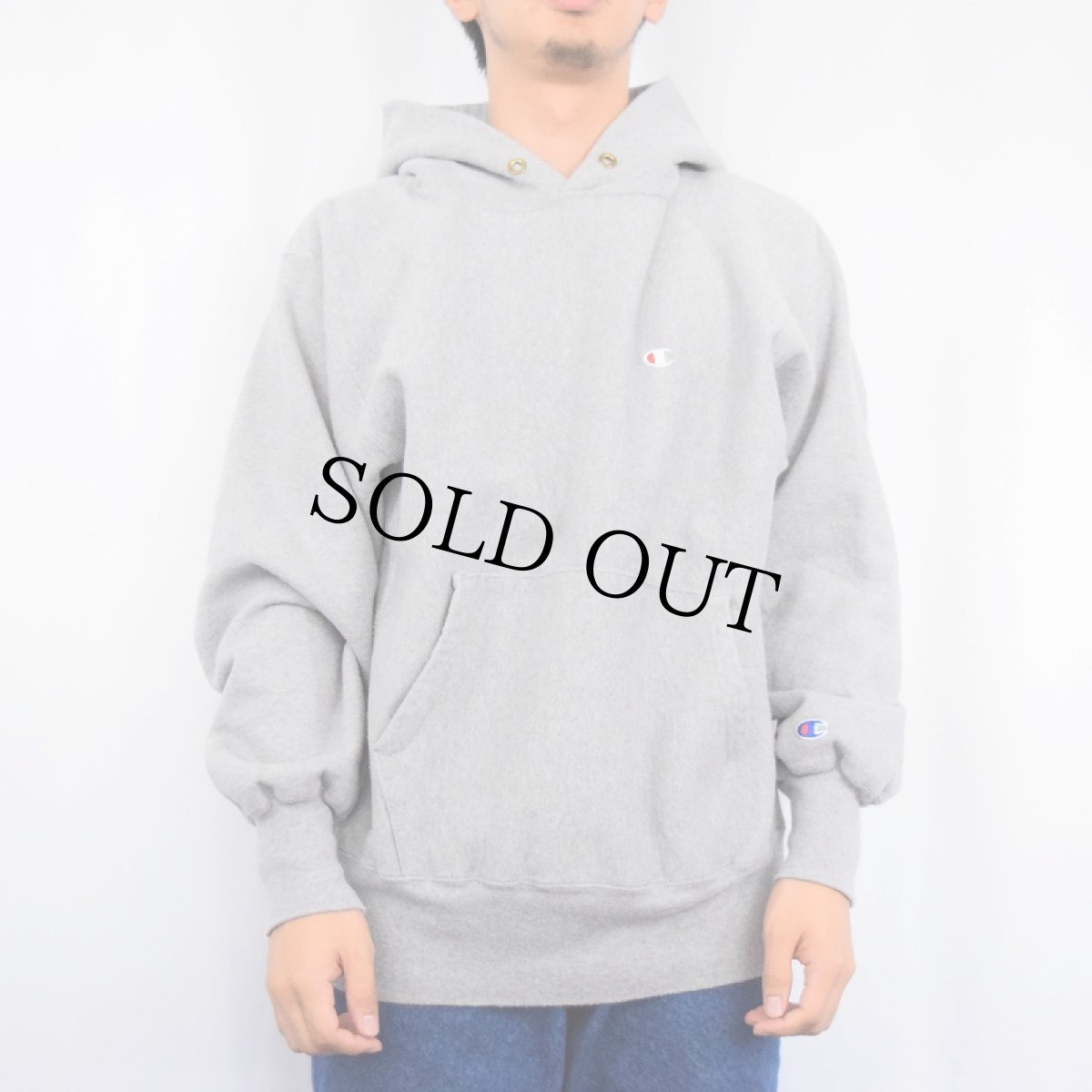 画像2: 90's Champion REVERSE WEAVE 目付きスウェットフーディー フェザーグレー L (2)