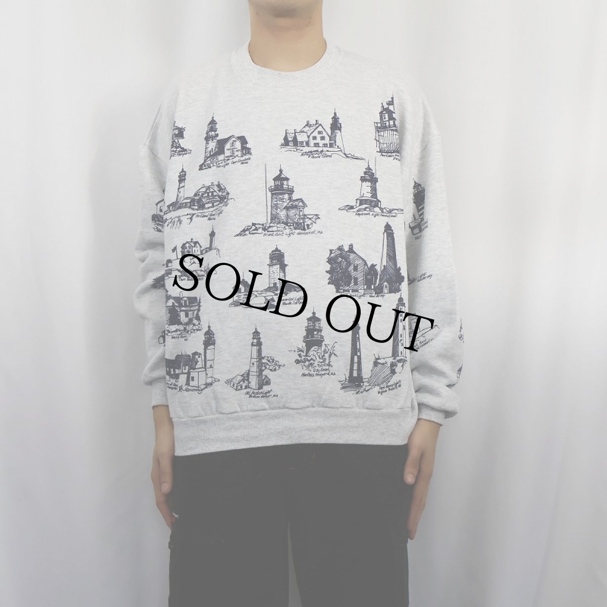 画像2: 80〜90's MICHIGAN RAG CO. USA製 ライトハウス柄 プリントスウェット XL (2)