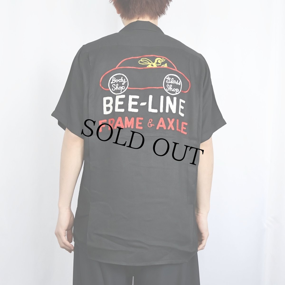 画像4: 60's King Louie "BEE-LINE FRAME&AXLE" チェーン刺繍 レーヨンボーリングシャツ BLACK M (4)