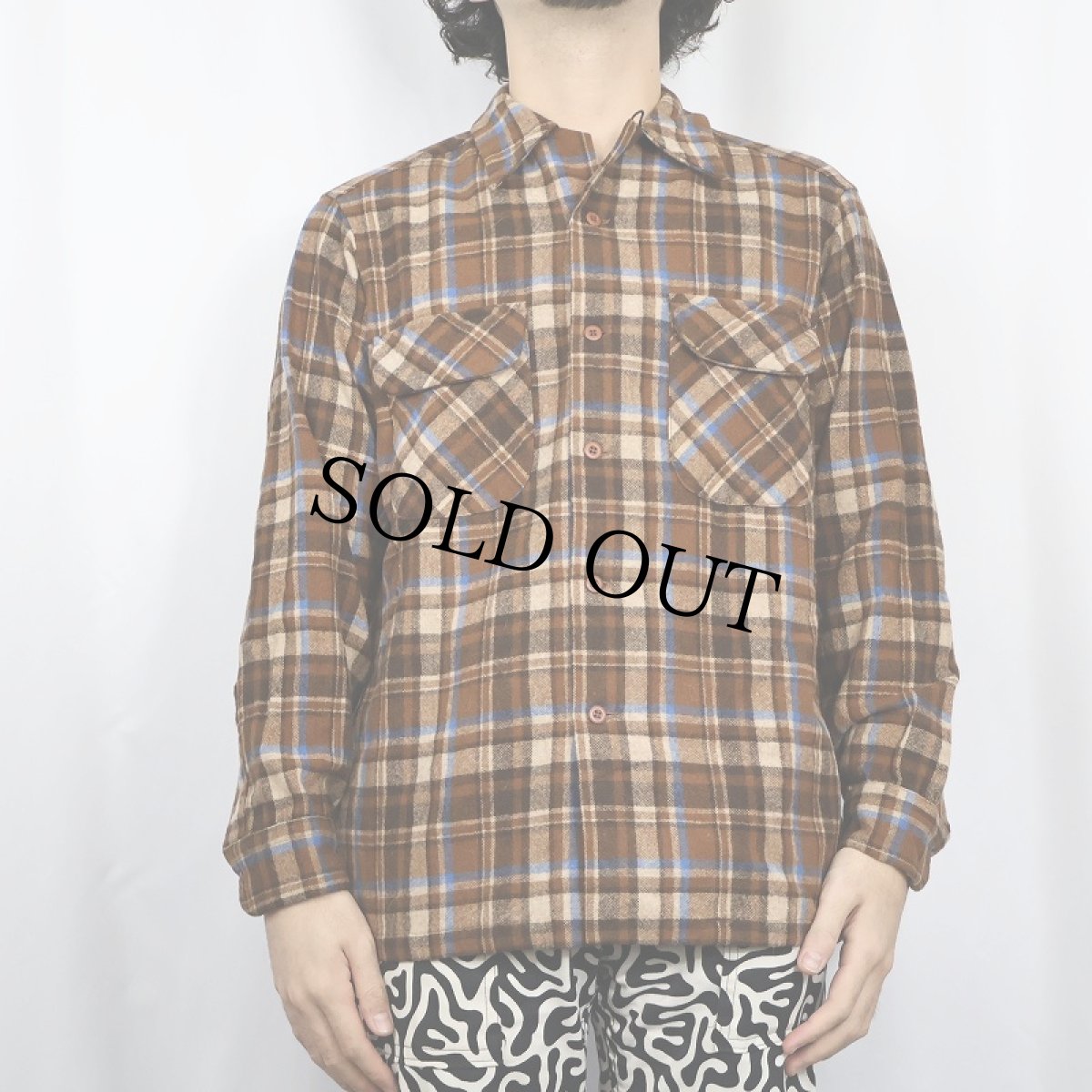 画像2: 70's PENDLETON USA製 チェック柄 ウールオープンカラーシャツ M (2)