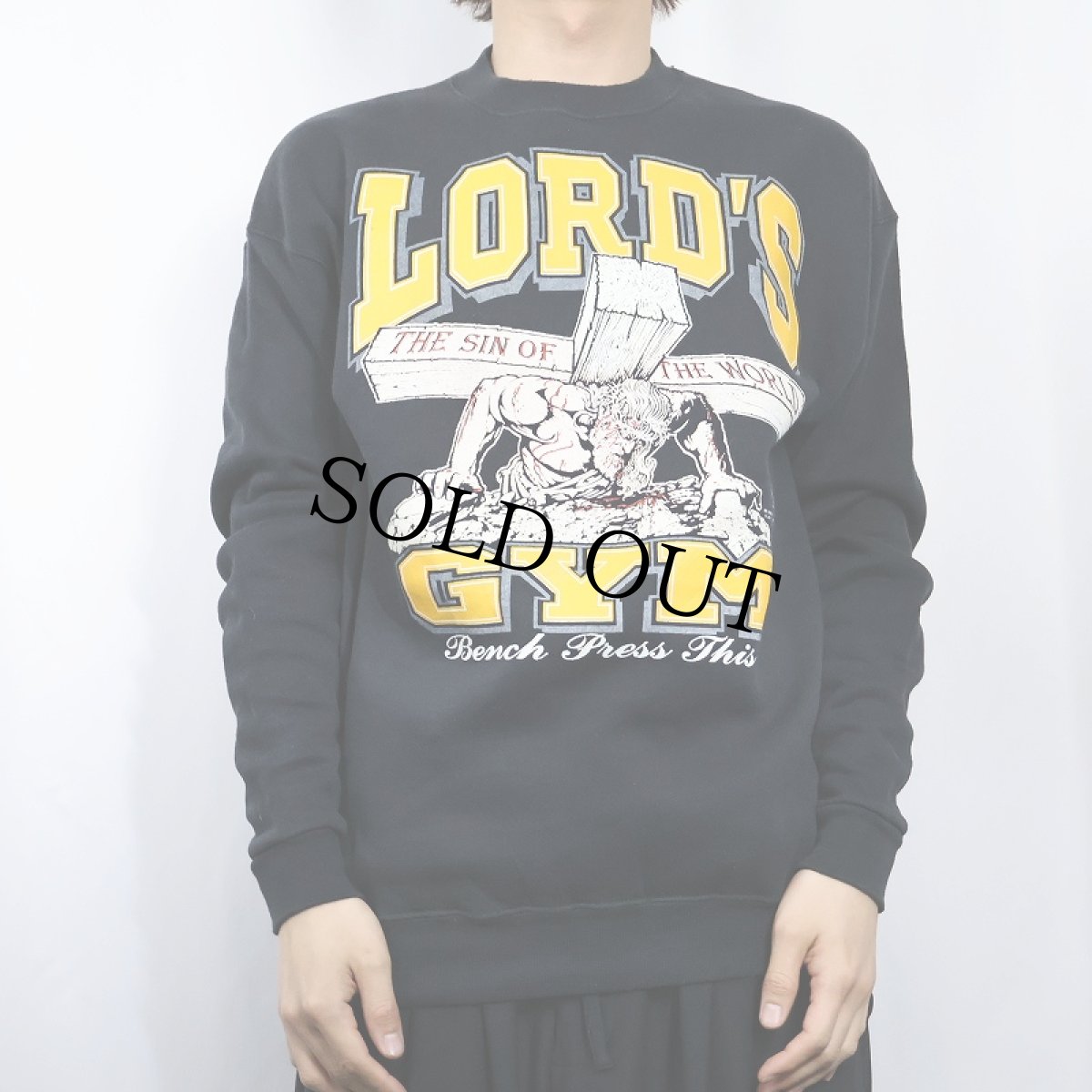 画像2: LORD'S GYM "HIS PAIN YOUR GAIN" ジーザス パロディプリントスウェット BLACK M (2)