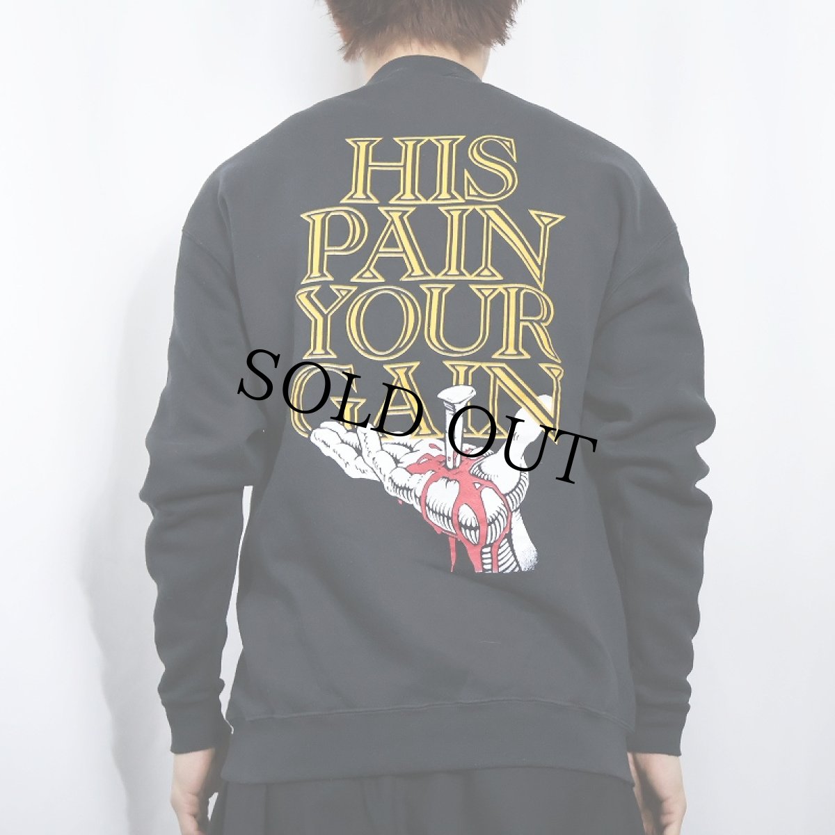 画像3: LORD'S GYM "HIS PAIN YOUR GAIN" ジーザス パロディプリントスウェット BLACK M (3)