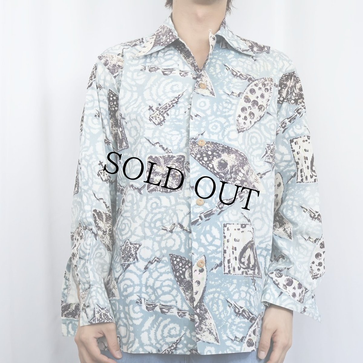 画像2: 40〜50's Waikiki specialty shop オールオーバーパターン コットン長袖アロハシャツ (2)