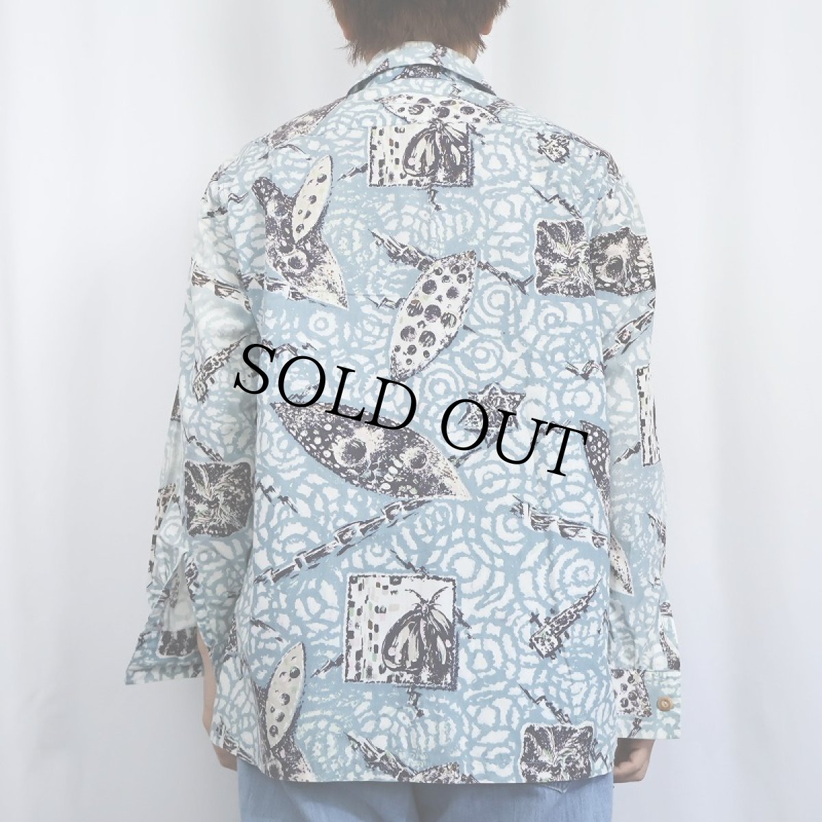 画像3: 40〜50's Waikiki specialty shop オールオーバーパターン コットン長袖アロハシャツ (3)