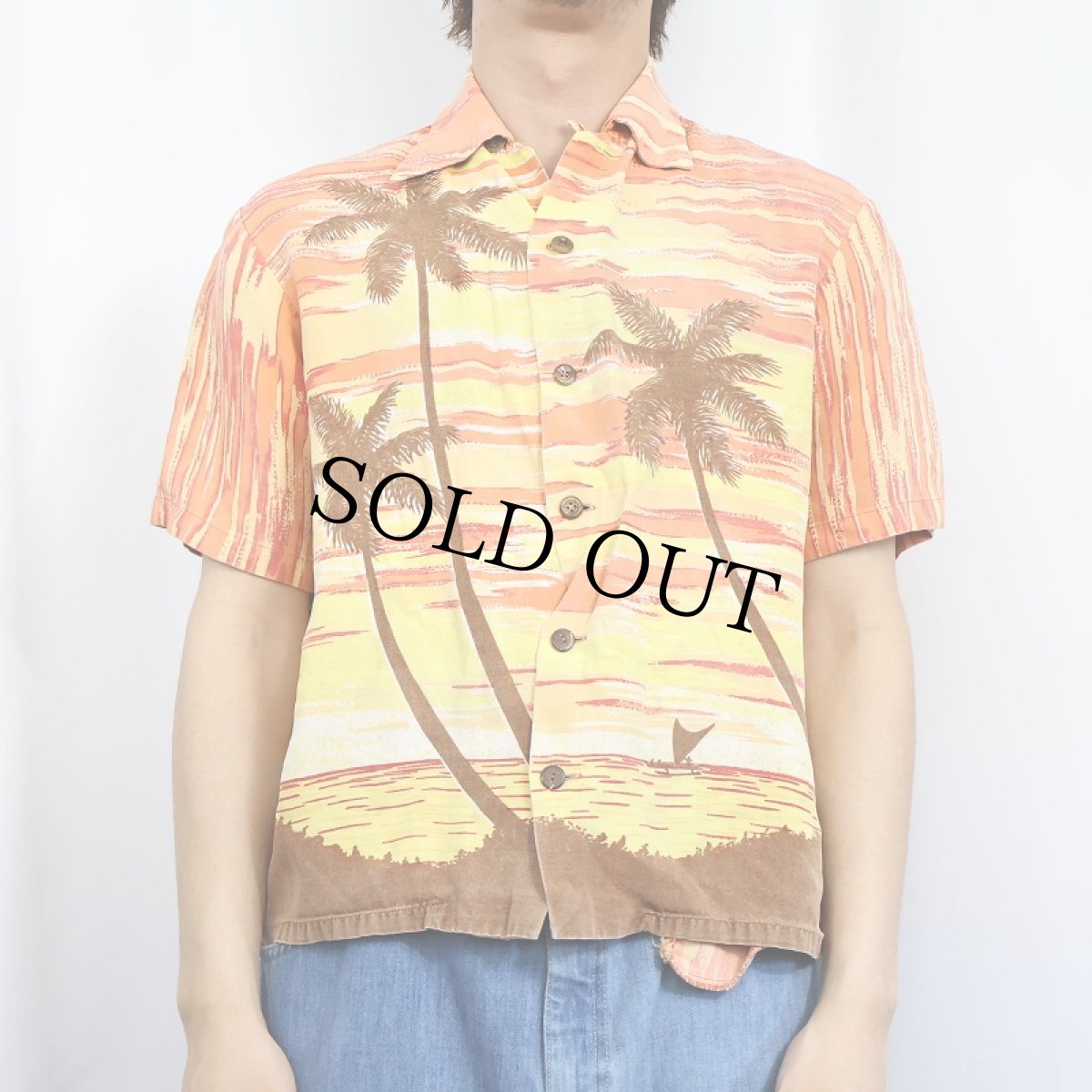 画像2: 40's Catalina USA製 ヤシの木柄 ホリゾンタルパターン レーヨン アロハシャツ M (2)