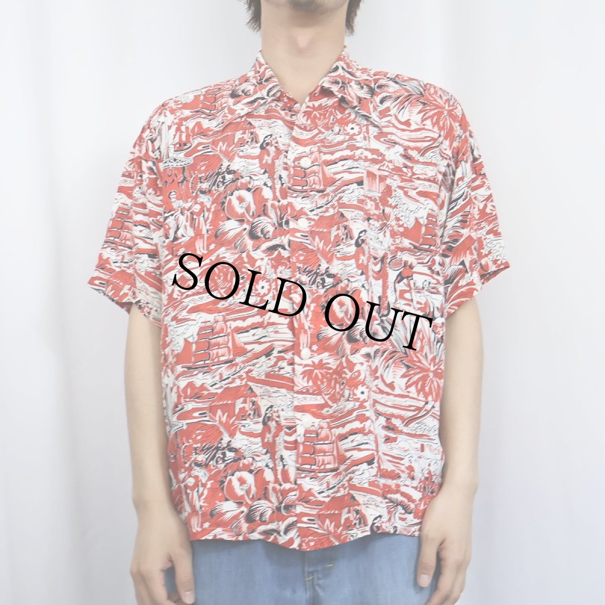 画像2: 50〜60's Kamehameha オールオーバーパターン レーヨンアロハシャツ L (2)