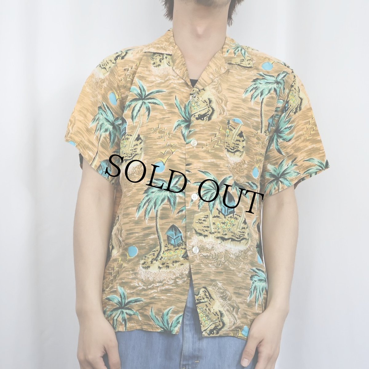 画像2: 50's ALOHA SHIRTS HAND SCREENED ヤシの木柄 オールオーバーパターン レーヨンアロハシャツ M (2)