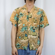 画像2: 50's ALOHA SHIRTS HAND SCREENED ヤシの木柄 オールオーバーパターン レーヨンアロハシャツ M (2)