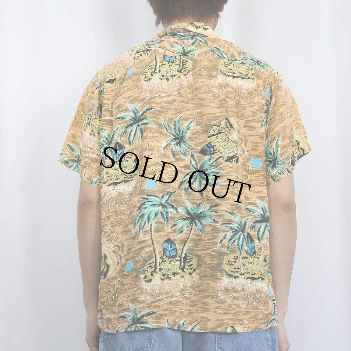 画像3: 50's ALOHA SHIRTS HAND SCREENED ヤシの木柄 オールオーバーパターン レーヨンアロハシャツ M (3)