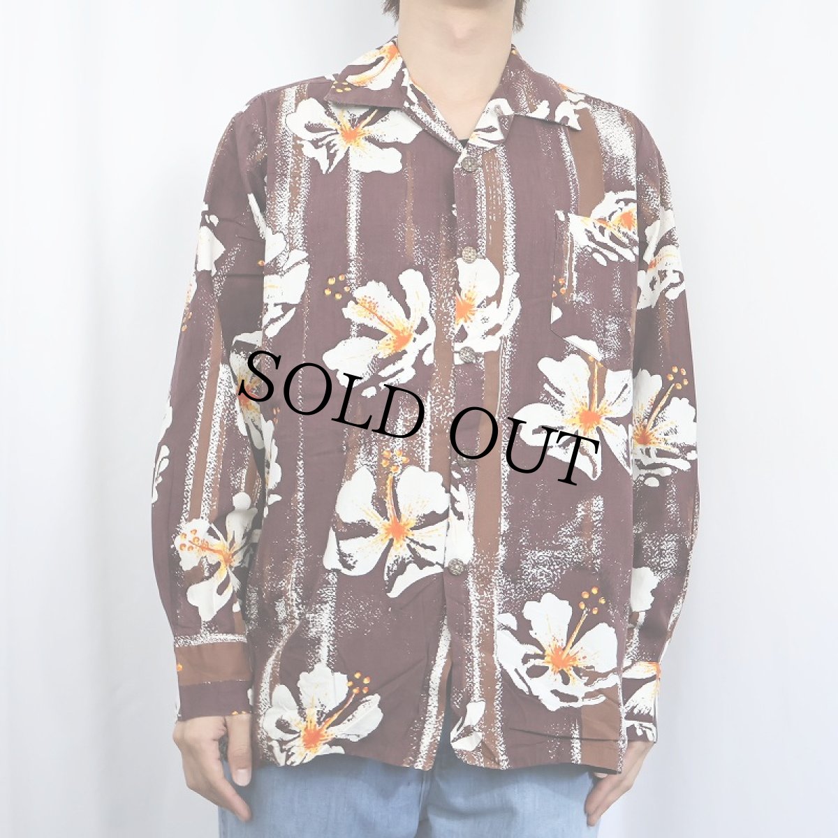 画像2: 60's Shaheen's ハイビスカス柄 コットン長袖アロハシャツ L (2)