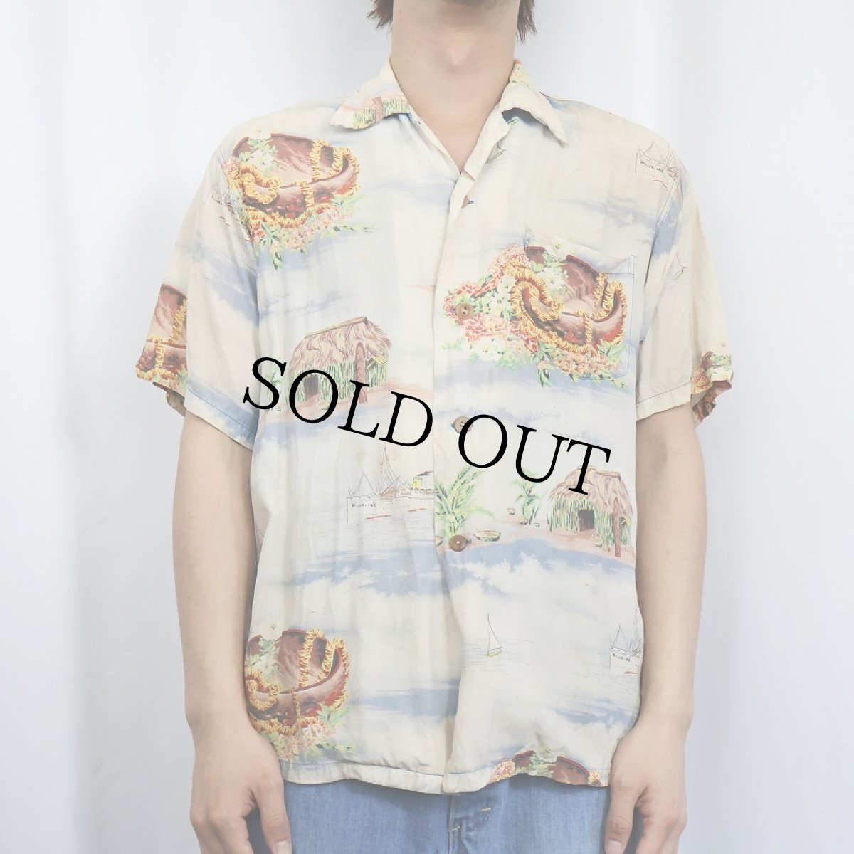 画像2: 50's "チリメン" オールオーバーパターン レーヨンアロハシャツ (2)