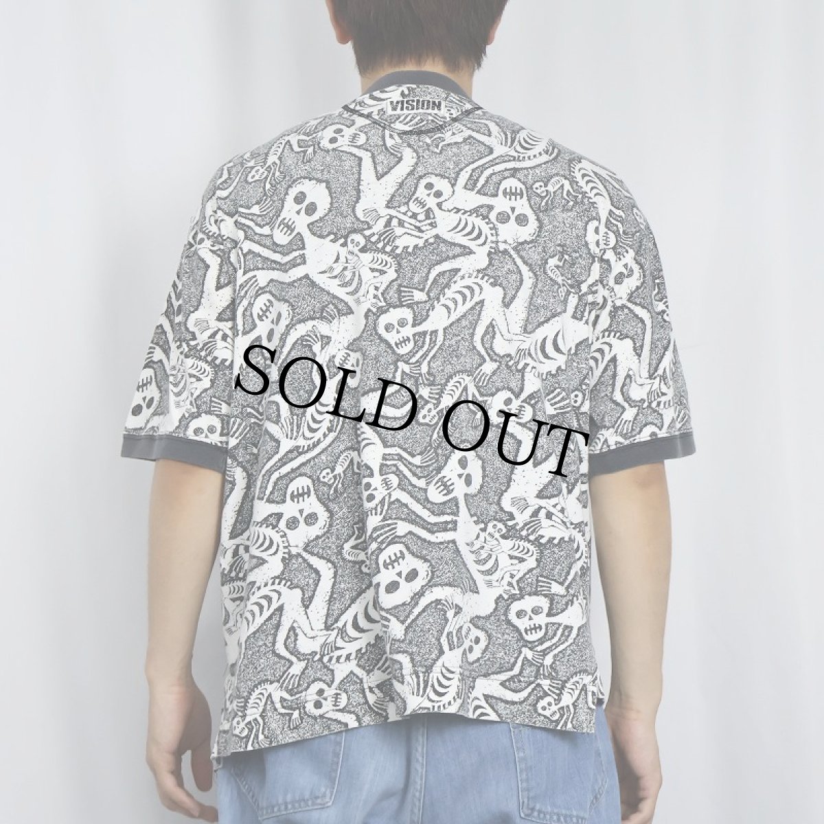 画像3: 90's VISION STREET WEAR USA製 スカル総柄プリント リンガーTシャツ M (3)