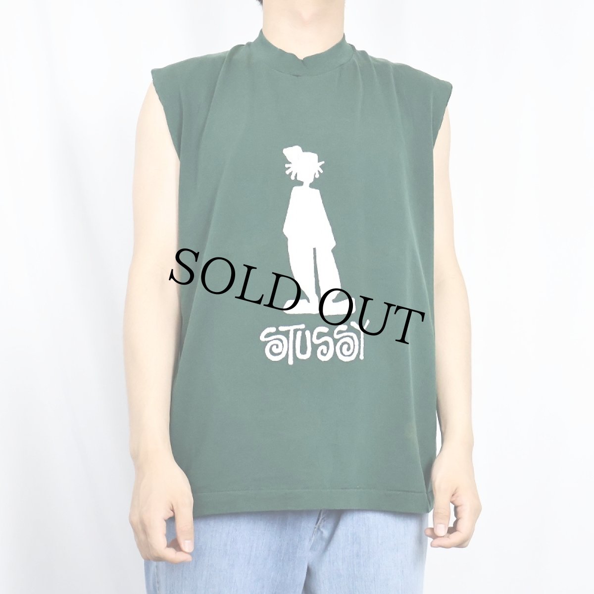 画像2: 80〜90's ブート STUSSY USA製 "SHADOW MAN" カットオフスリーブ プリントTシャツ L (2)