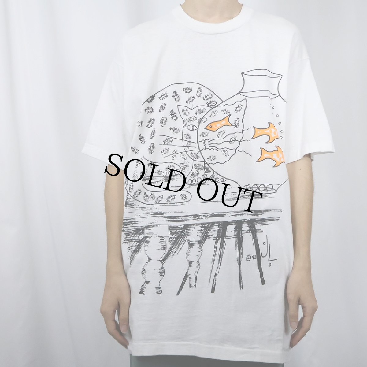 画像2: 90's USA製 "CAT FISHY" ねこ イラストプリントTシャツ XL (2)