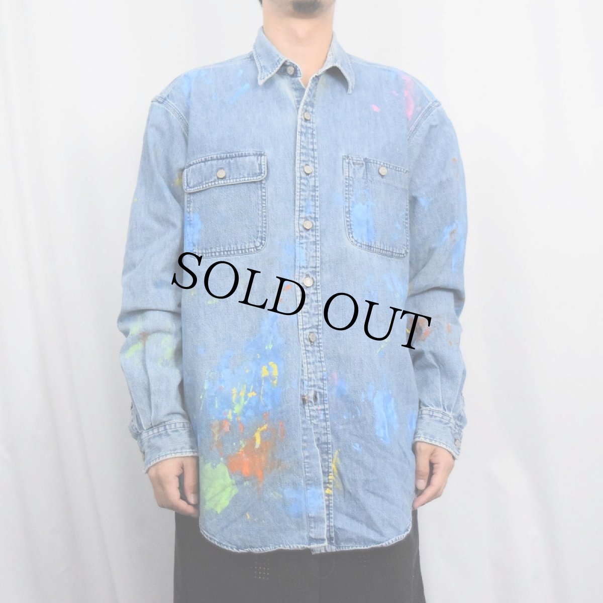 画像2: POLO Ralph Lauren "DUNGAREE WORKSHIRT" ペンキペイント デニムシャツ L (2)
