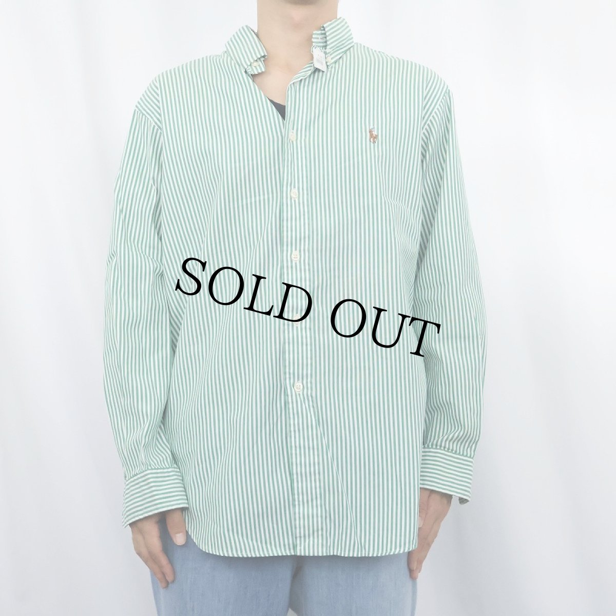 画像2: POLO Ralph Lauren "CLASSIC FIT" ストライプ柄 ロゴ刺繍 コットンボタンダウンシャツ SIZE16 (2)