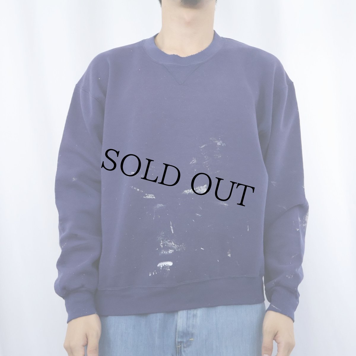 画像2: 80's RUSSELL ATHLETIC USA製 ペンキペイント 前Vスウェット NAVY L (2)