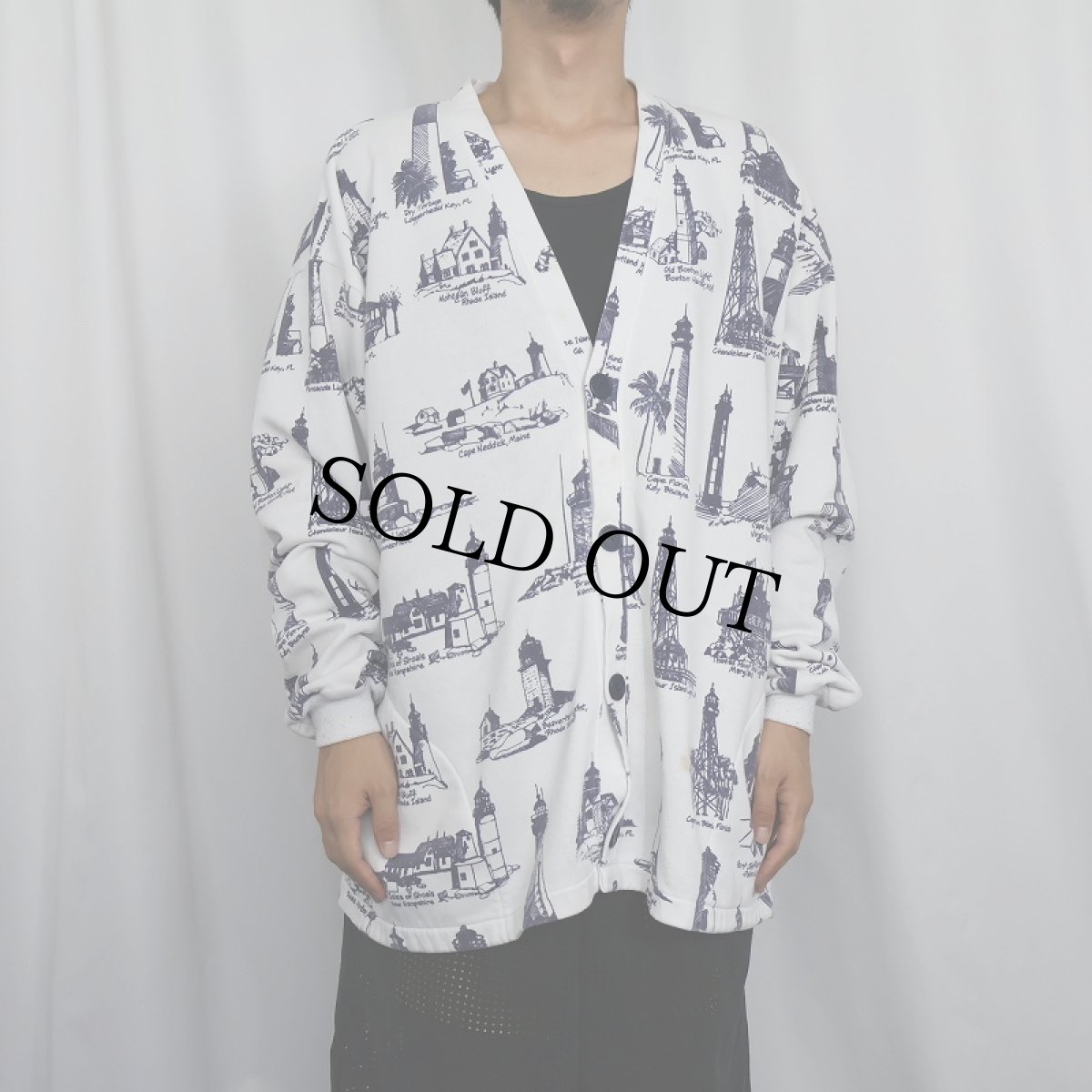 画像2: 90's MICHIGAN RAG CO. USA製 ライトハウス柄 スウェットカーディガン XL (2)