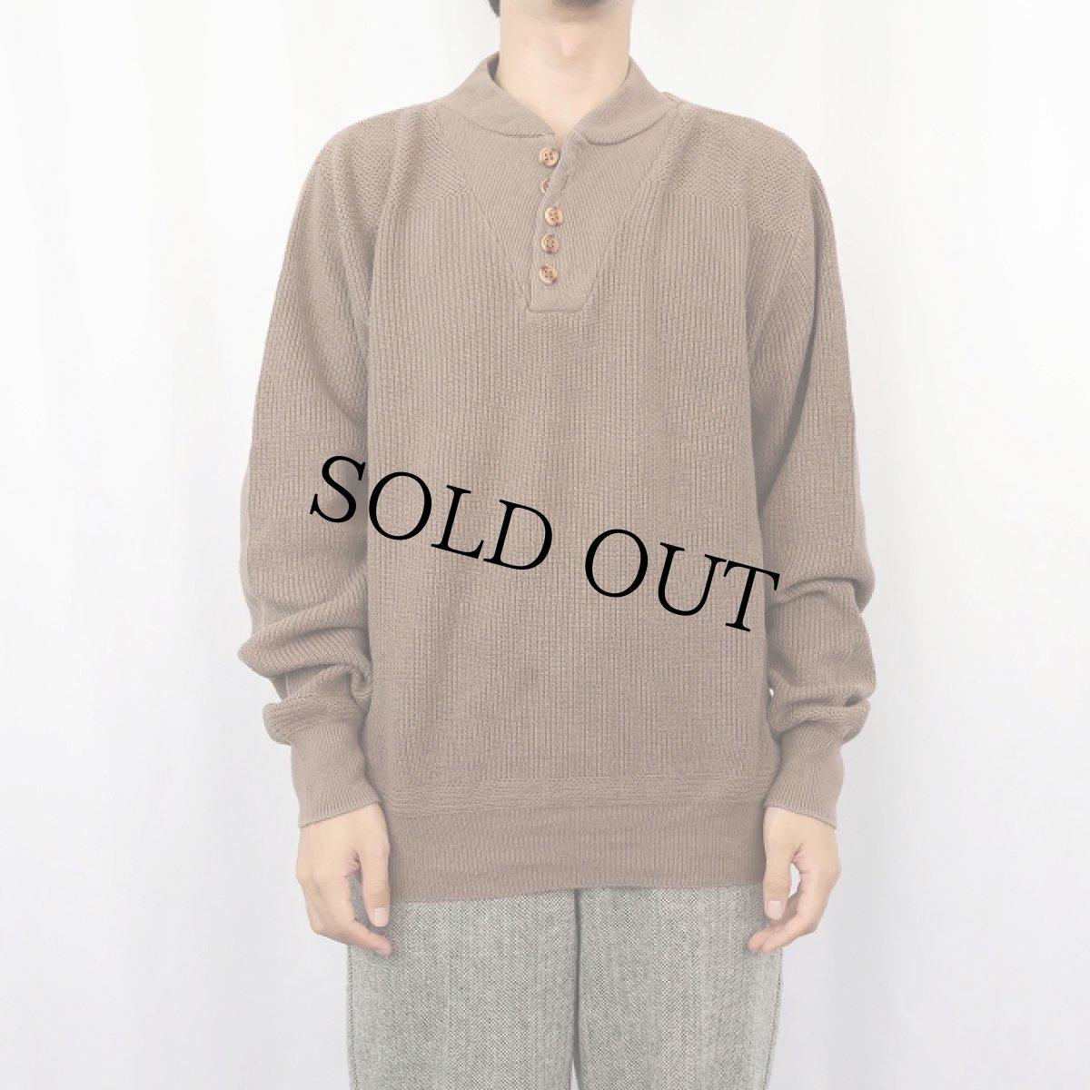 画像2: 90's LANDS' END ヘンリーネック コットンニットセーター L (2)