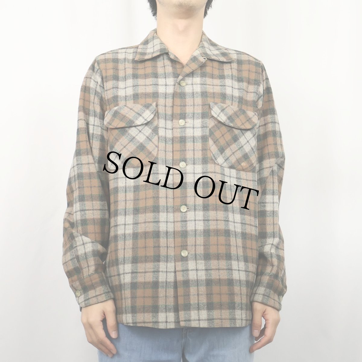 画像2: 50's PENDLETON チェック柄 ウールオープンカラーシャツ M (2)