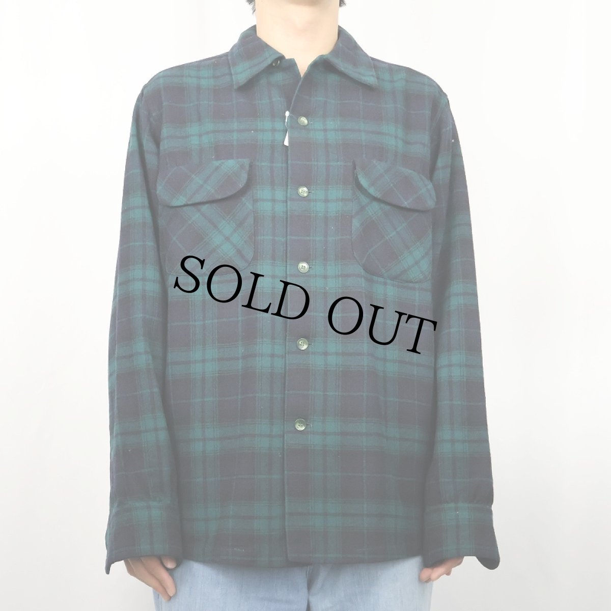 画像2: 80's PENDLETON ブラックウォッチチェック柄 ウールオープンカラーシャツ M (2)