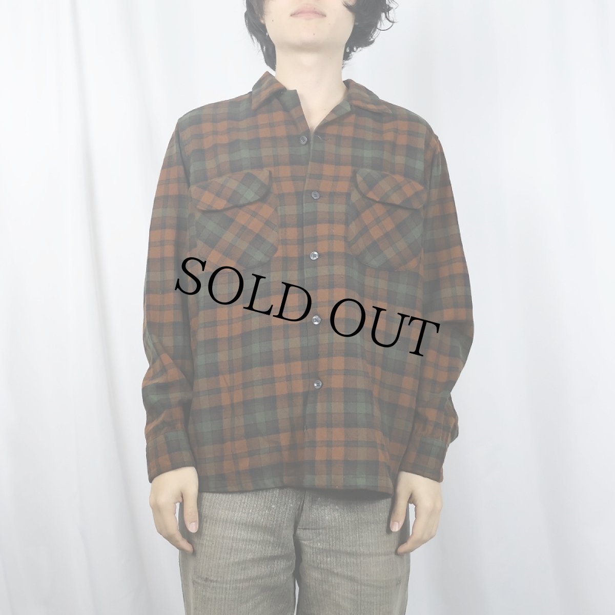 画像2: 60's PENDLETON チェック柄 オープンカラーウールシャツ M (2)