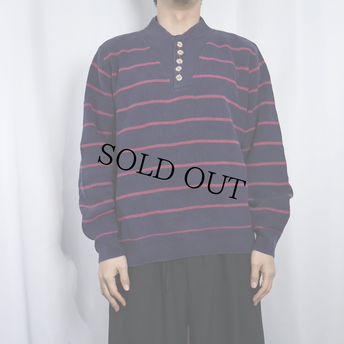 画像2: 90's LANDS' END USA製 ヘンリーネック ボーダー柄 コットンニットセーター L (2)