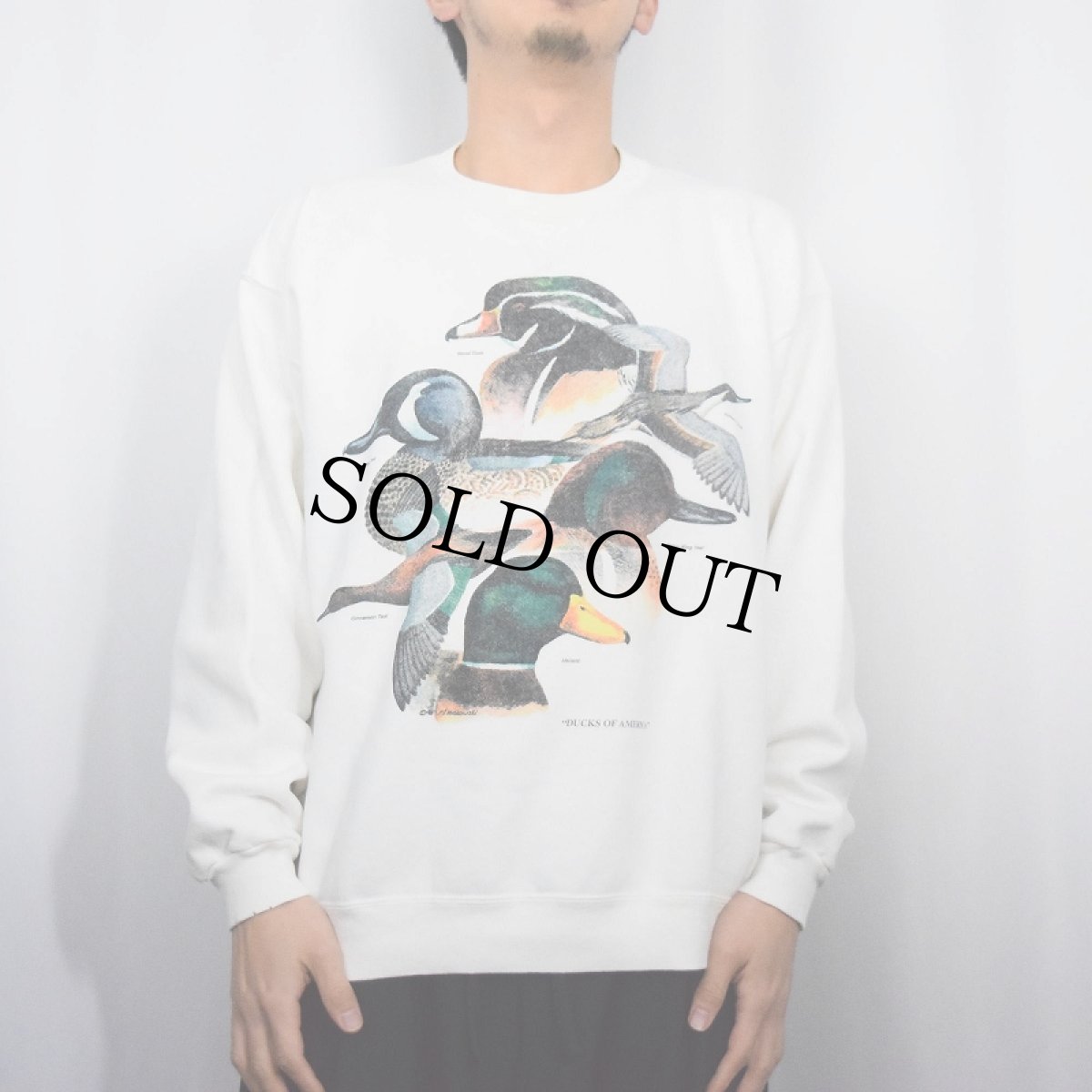 画像2: 90's USA製 "DUCKS OF AMERICA" 前V プリントスウェット L (2)