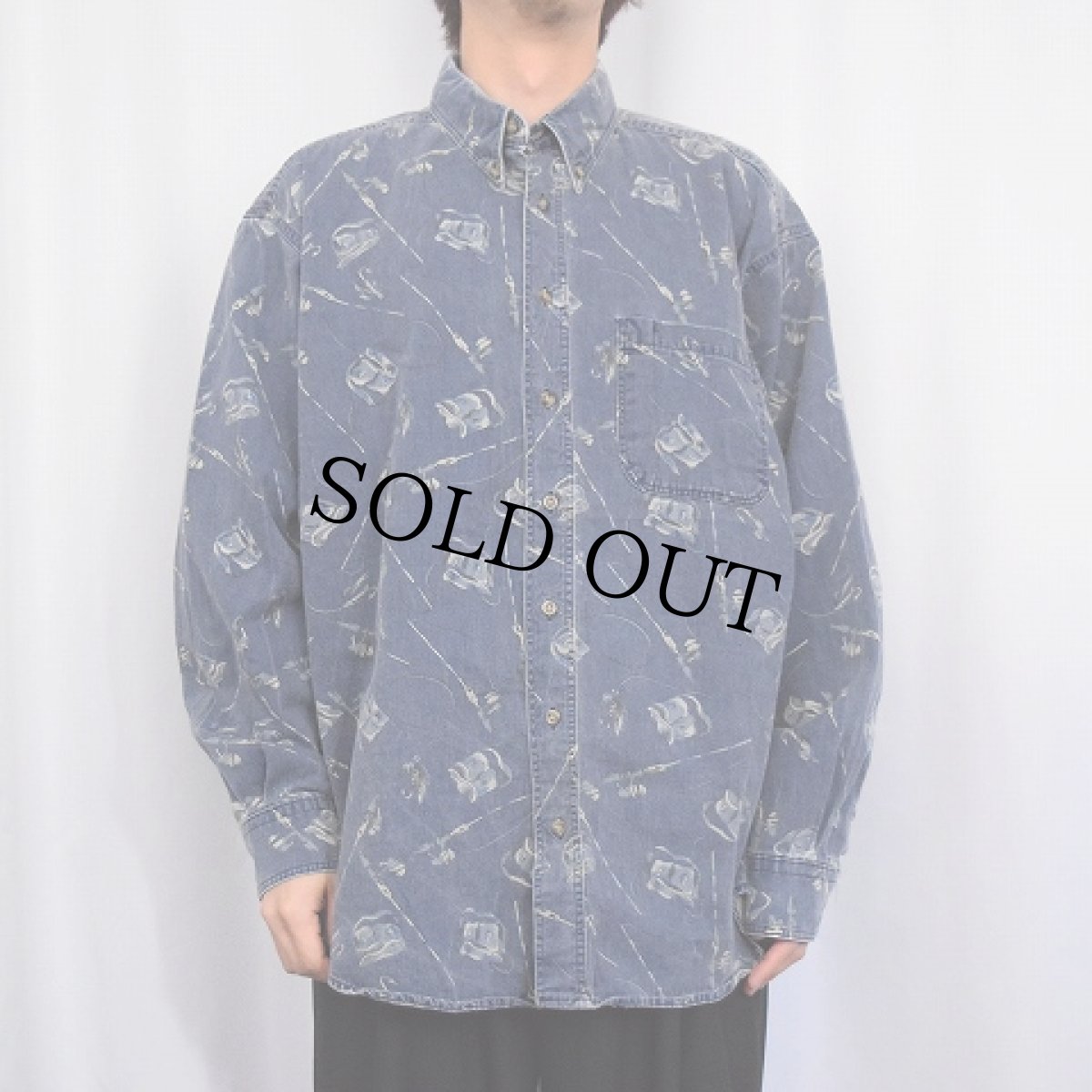 画像2: 90's Woolrich USA製 フィッシング柄 コットンボタンダウンシャツ XL (2)