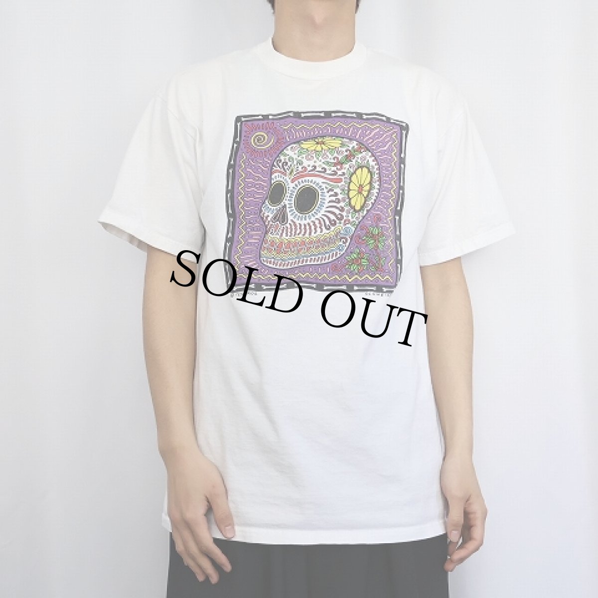 画像2: 90's TESOROS USA製 スカル カラベラアート プリントTシャツ L (2)