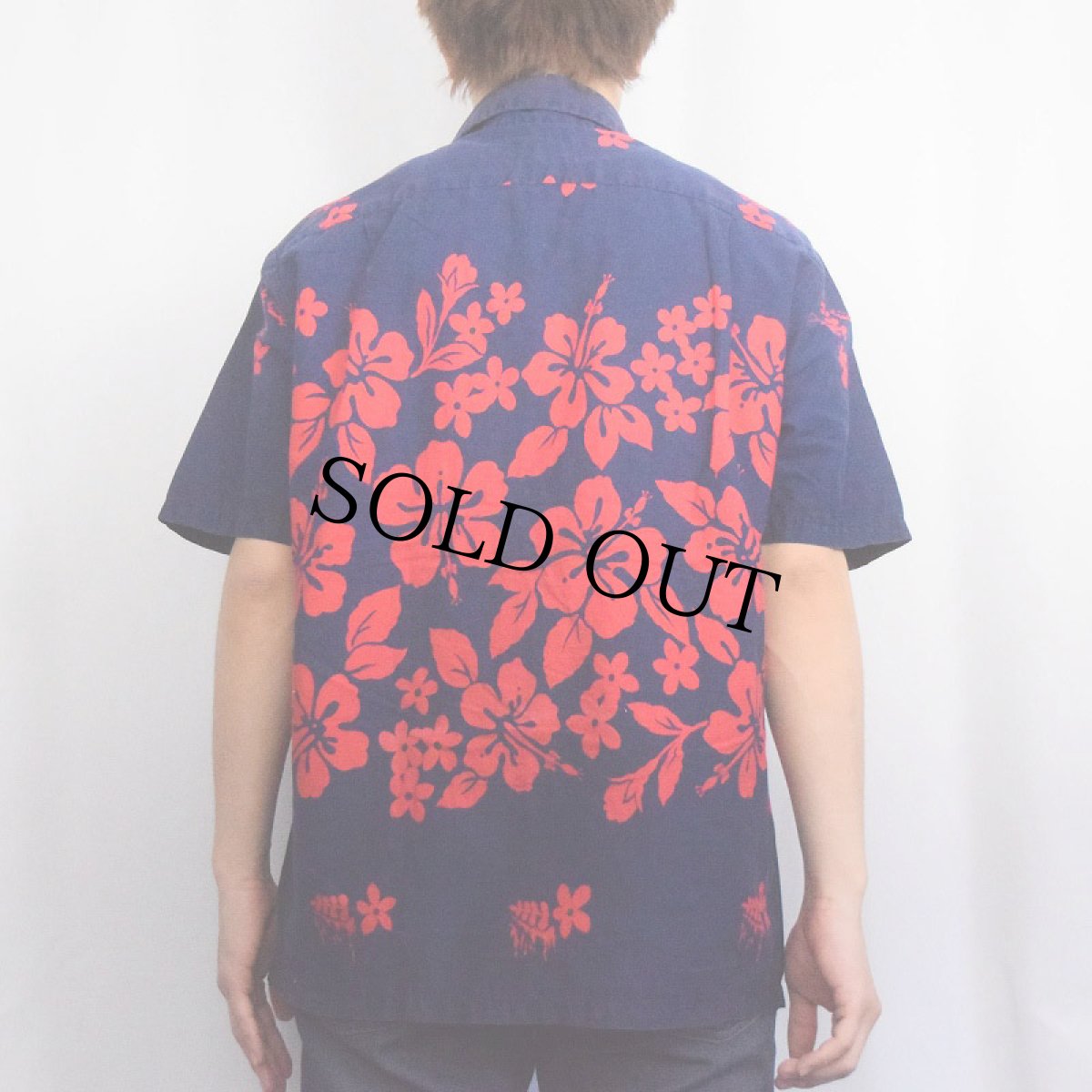 画像3: 70's Ui-Maikai HAWAII製 ホリゾンタルパターン ハイビスカス柄 コットンアロハシャツ NAVY (3)