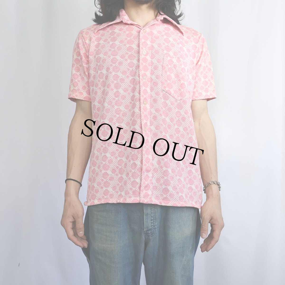 画像2: 70's Donegal ジャガード織り 総柄シャツ M (2)