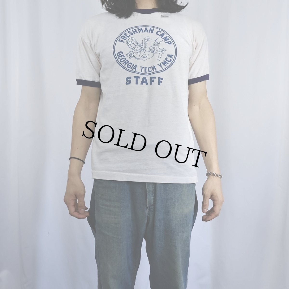 画像2: 60's Champion C中ランタグ "FRESHMAN CAMP" プリントリンガーTシャツ L (2)