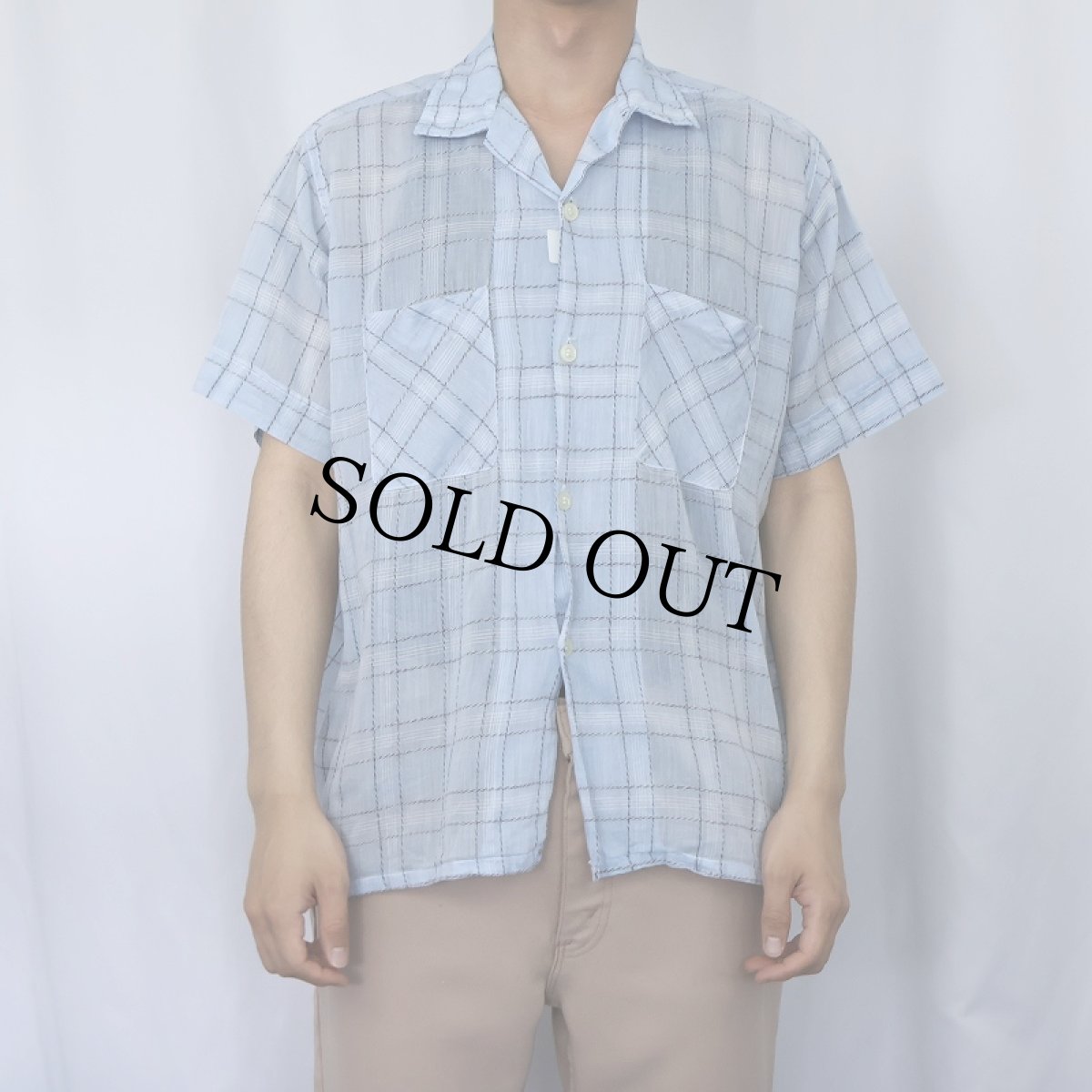 画像2: 60's PILGRIM チェック柄 コットンオープンカラーシャツ L (2)