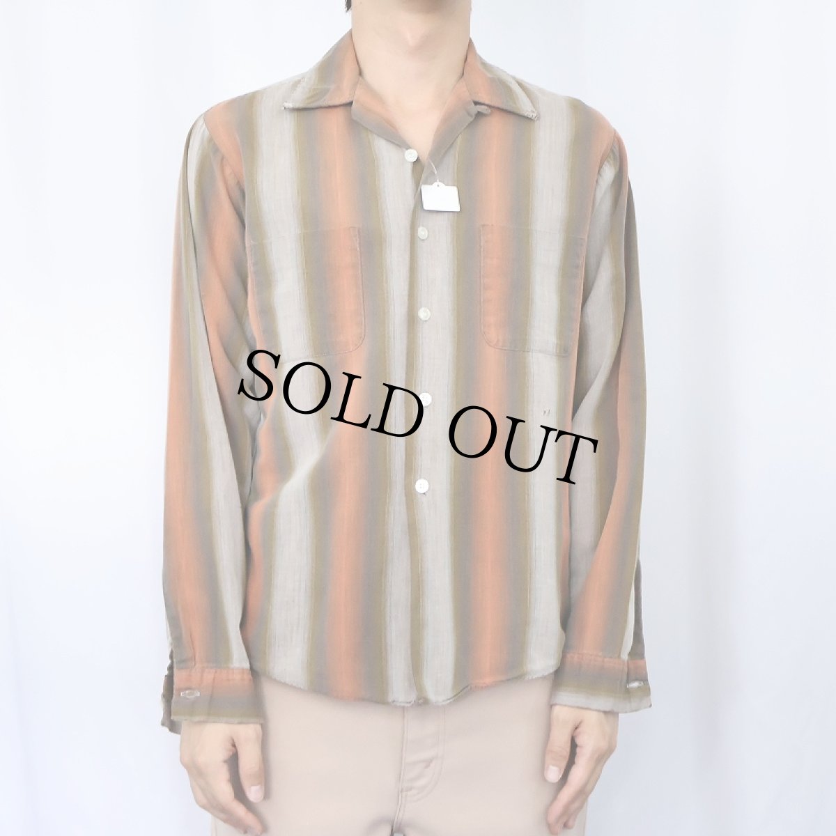 画像2: 50's オンブレーストライプ柄 レーヨンオープンカラーシャツ M (2)