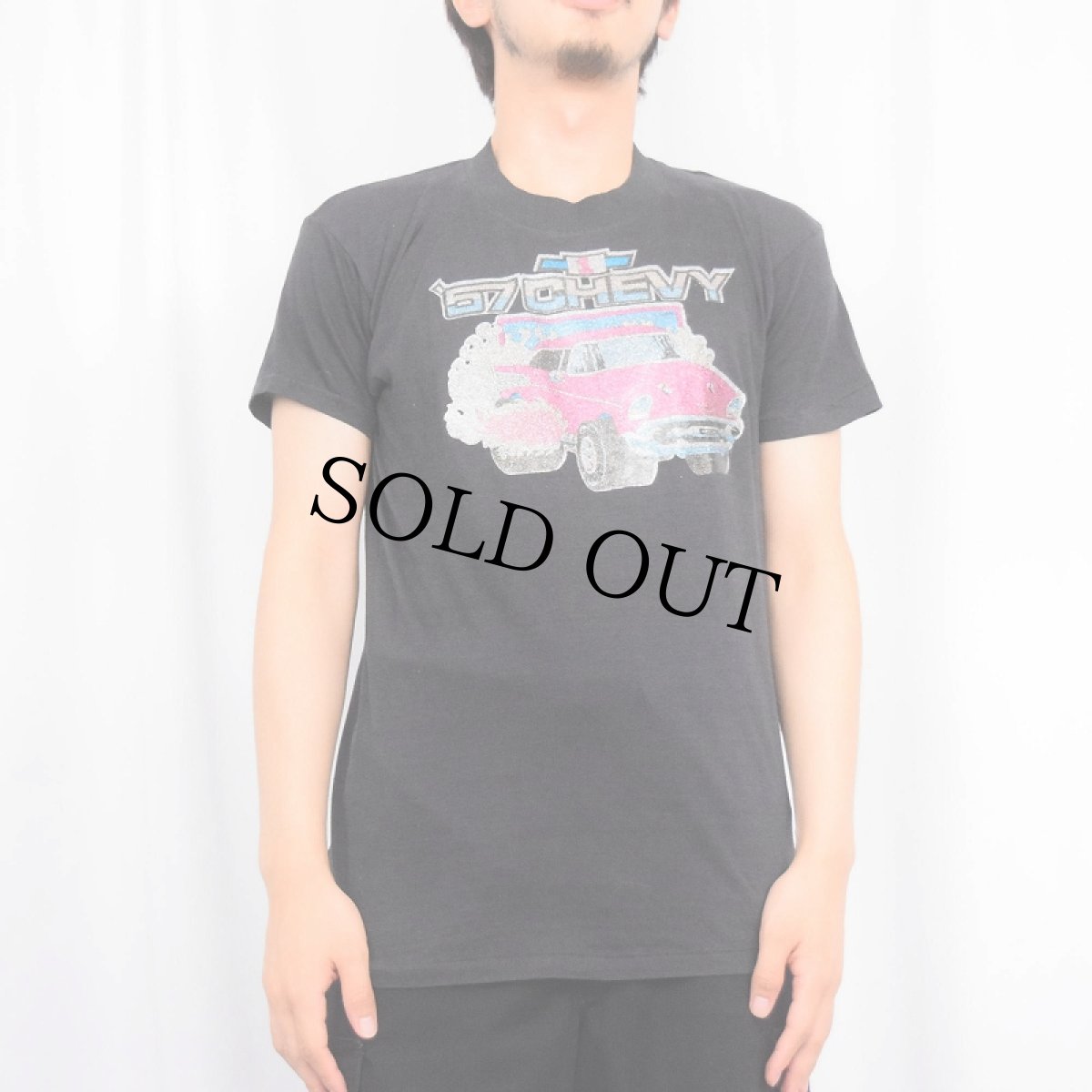 画像2: 80's "57 CHEVY" クラシックカー ラメプリントTシャツ BLACK L (2)