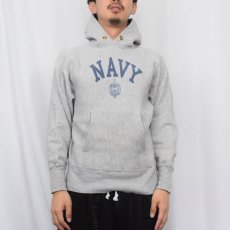 画像2: 70's Champion REVERSE WEAVE USA製 青単色タグ "NAVY" 染み込みプリント スウェットフーディー S (2)