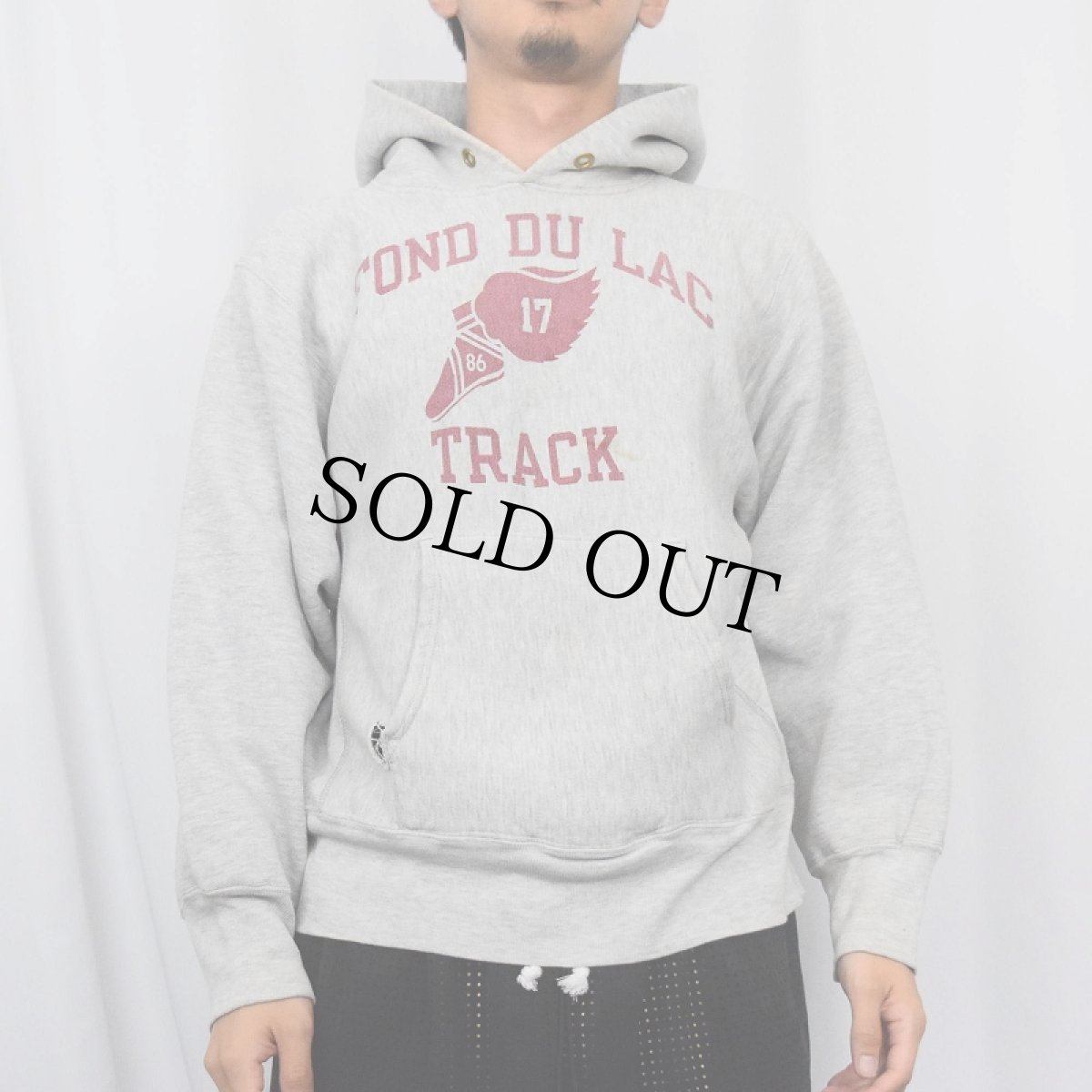 画像2: 80〜90's Champion REVERSE WEAVE USA製 トリコタグ "ウイングフット" 染み込みプリントスウェットフーディー M (2)