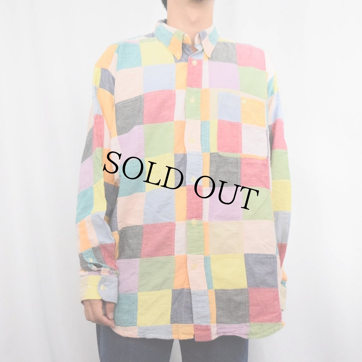 画像2: 90's ORVIS パッチワーク コットンボタンダウンシャツ L (2)