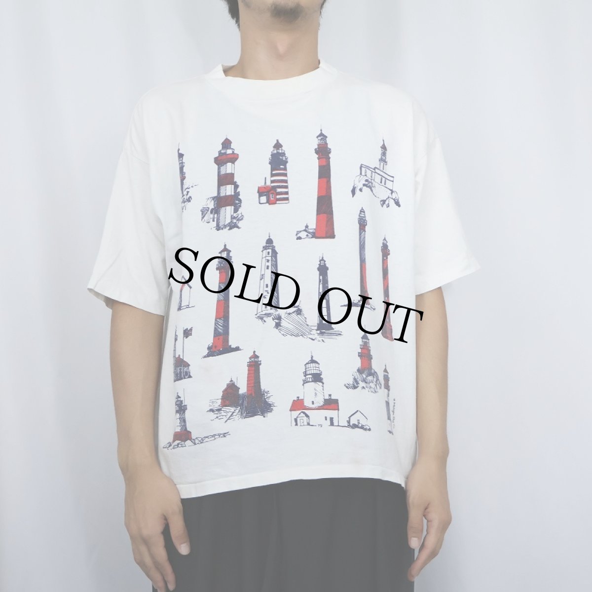 画像2: 【SALE】 90's MICHIGAN RAG CO. USA製  ライトハウス柄 プリントTシャツ (2)